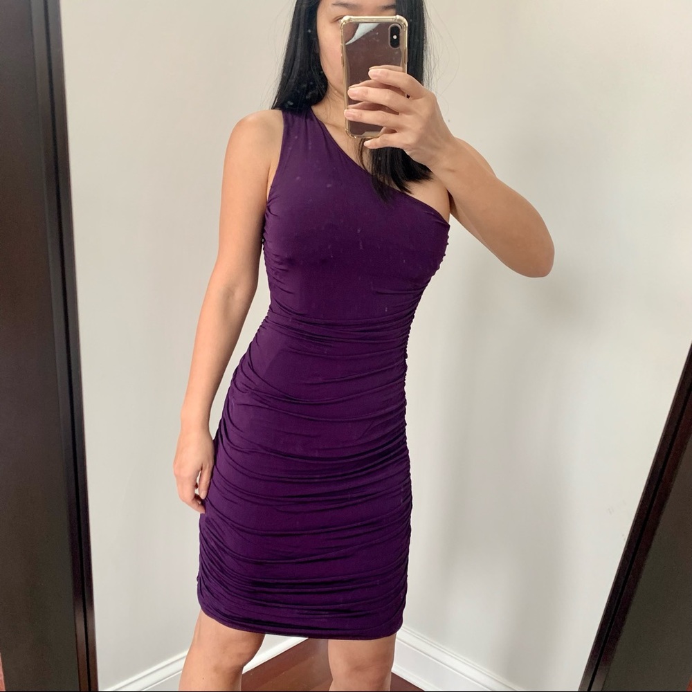 H&M Cocktail Dress Ruched Sexy One Shoulder Party Short Mini Purple Violet Small